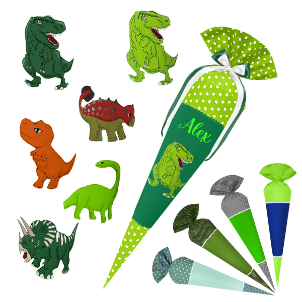 Schultüte  - Grüntöne/Rot - Dino - T-Rex - Triceratops