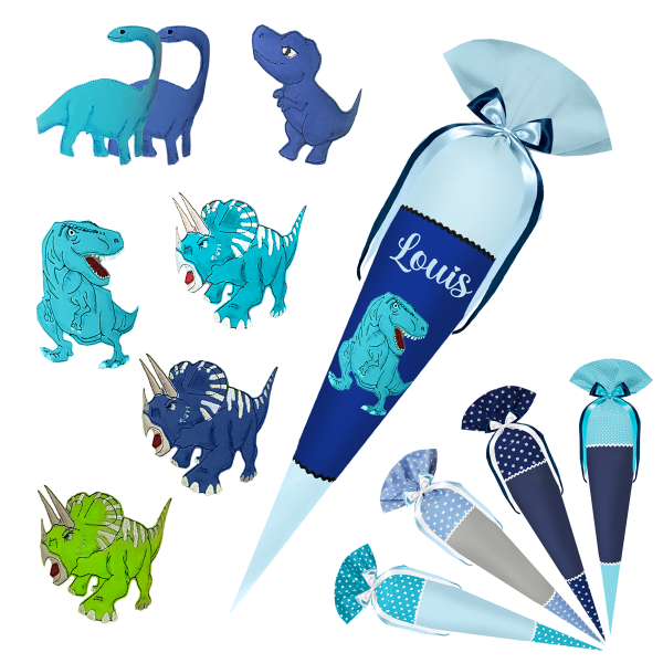 Schultüte  - Blautöne - Dino - T-Rex - Triceratops