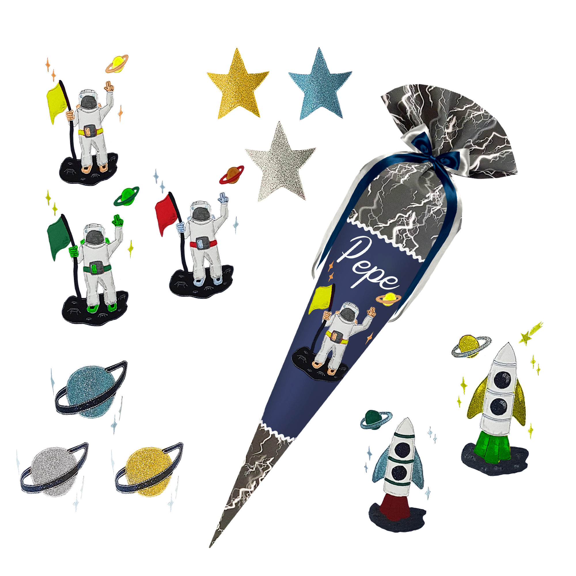 Schultüte passend zum Ergobag - Super Reflektbär - Weltall, Astronaut, Rakete, Stern, Planet