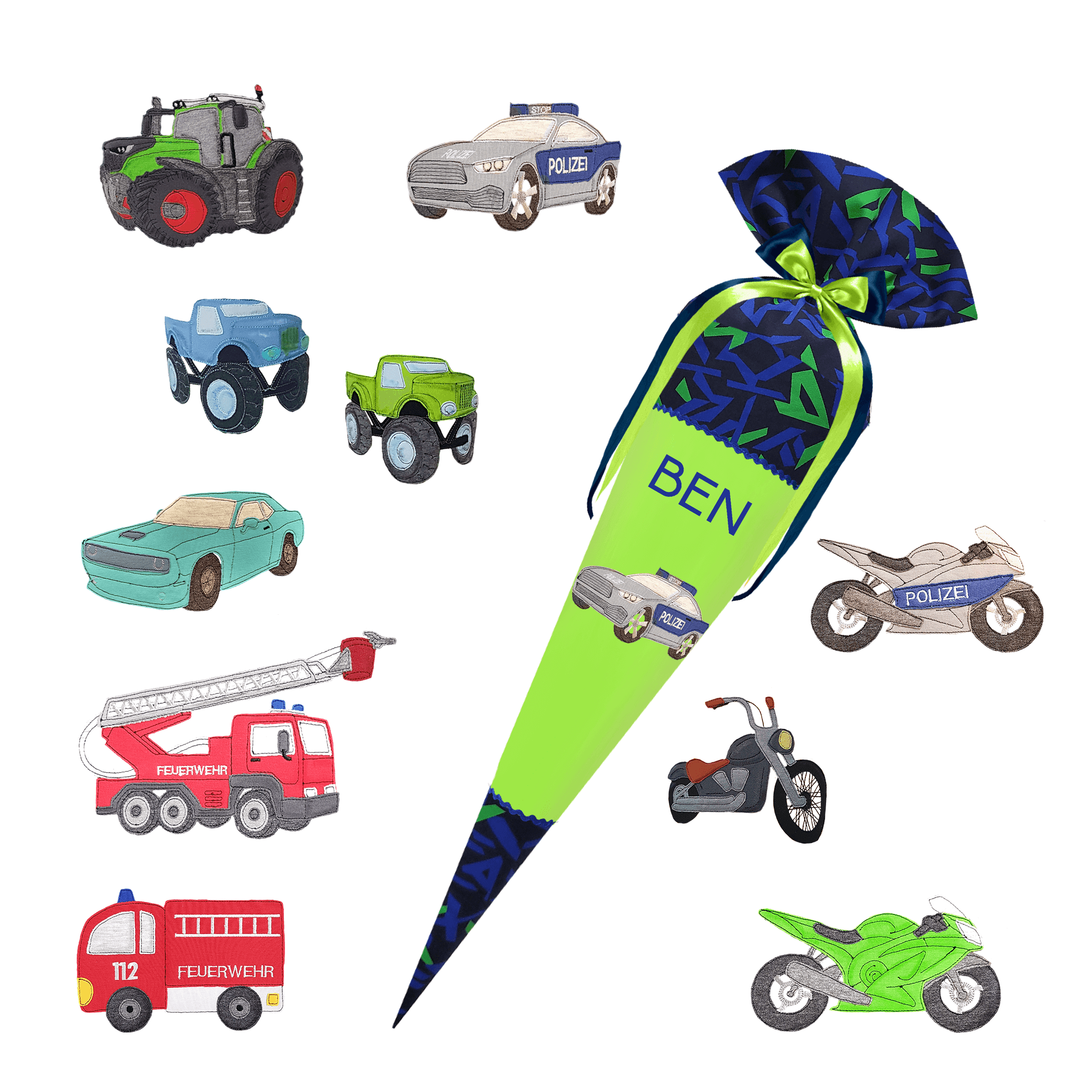 Schultüte passend zum Step by Step - Soccer Ben - Fahrzeuge, Polizeiauto, Feuerwehr, Motorrad, Trecker, Monstertruck