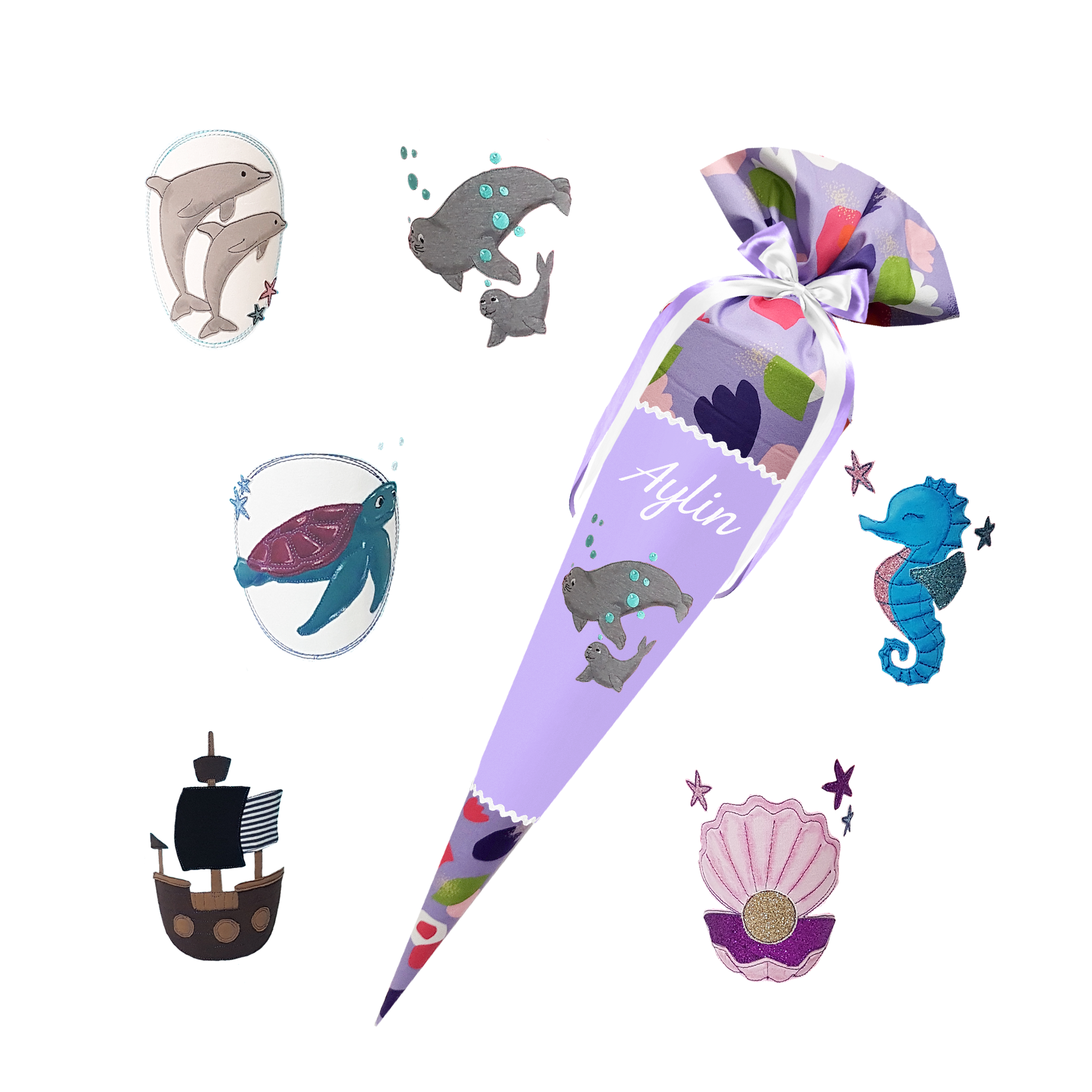 Schultüte passend zum Ergobag - Blütenzaubär - Unterwasser - Seepferdchen-Robben-Delfin-Schiff-Muschel