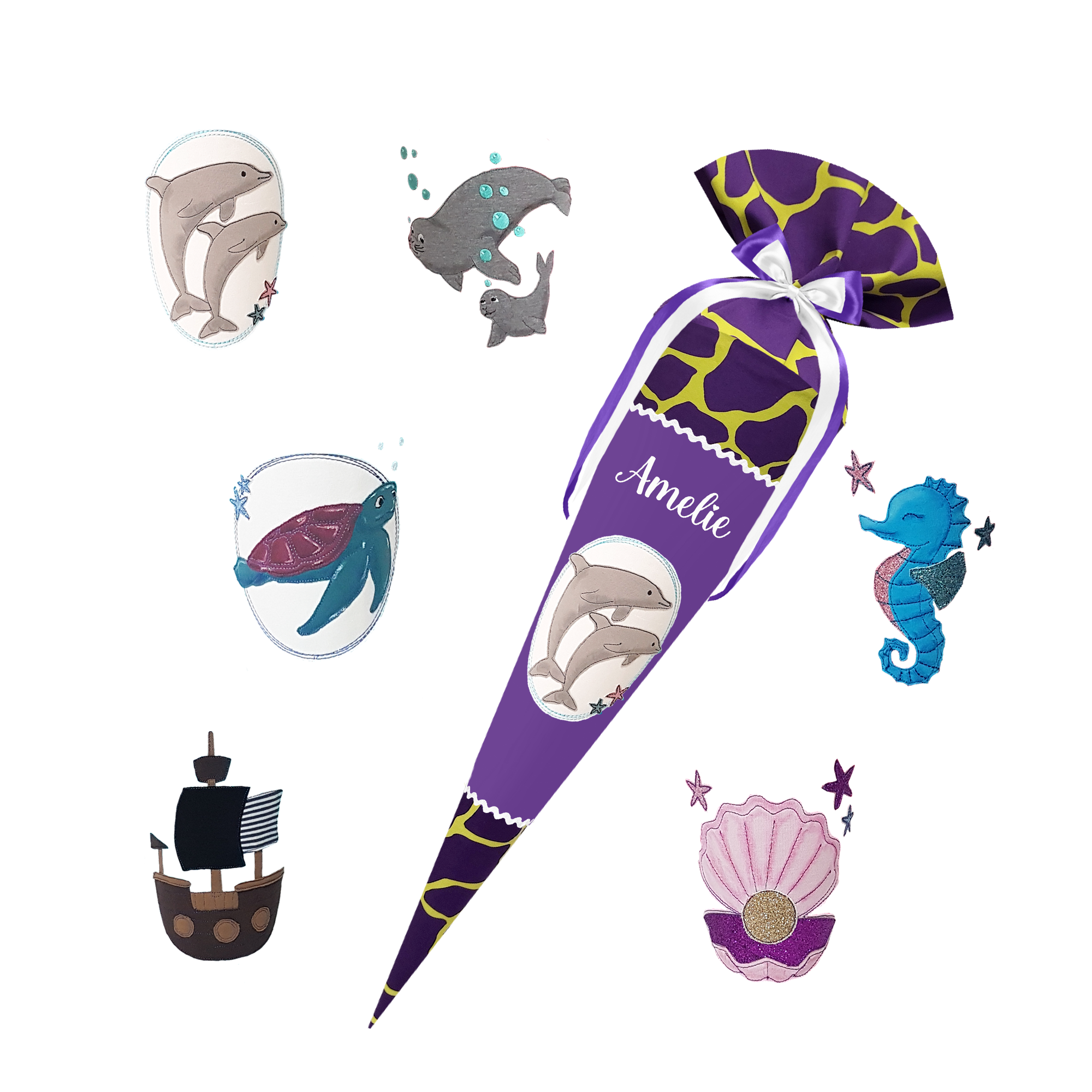 Schultüte passend zum Ergobag - Subärkraft- Unterwasser - Seepferdchen-Robben-Delfin-Schiff-Muschel