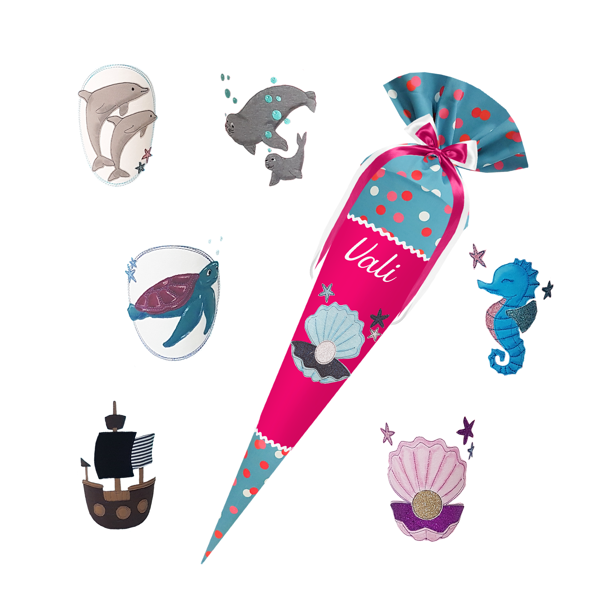 Schultüte passend zum Ergobag - Voltibär - Unterwasser - Seepferdchen-Robben-Delfin-Schiff-Muschel