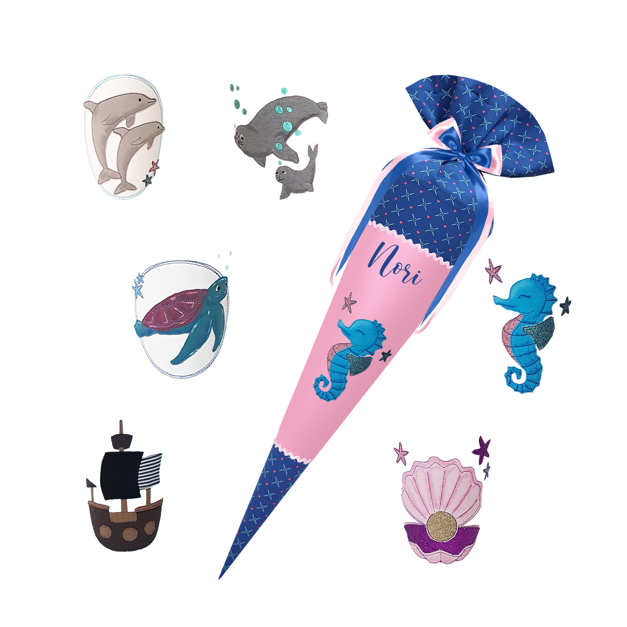 Schultüte passend zum School Mood - Mila - Unterwasser - Seepferdchen-Robben-Delfin-Schiff-Muschel