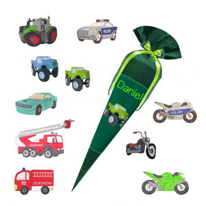 Schultüte passend zum School Mood - Daniel - Fahrzeuge, Polizeiauto, Feuerwehr, Motorrad, Trecker, Monstertruck